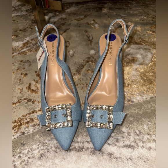 NWT Madden Girl Champp Denim Rhinestone Slingback Heels Size 8.5 - Picture 2 of 6
